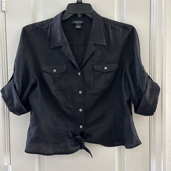 Jones New York Signature XL Black 100% Linen Button Down Shirt With Roll Tab Sle - Picture 1 of 6